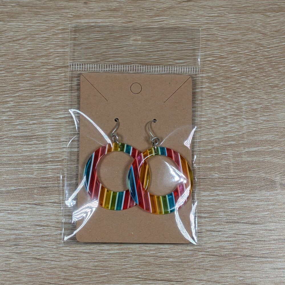 Retro Multicolor Striped Hoop Earrings – Round Acrylic Dangle Jewelry for Women